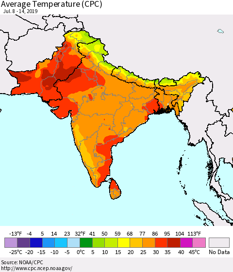 Southern Asia Average Temperature (CPC) Thematic Map For 7/8/2019 - 7/14/2019