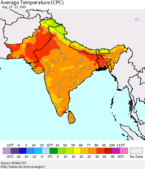 Southern Asia Average Temperature (CPC) Thematic Map For 8/19/2019 - 8/25/2019