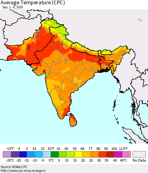 Southern Asia Average Temperature (CPC) Thematic Map For 9/2/2019 - 9/8/2019