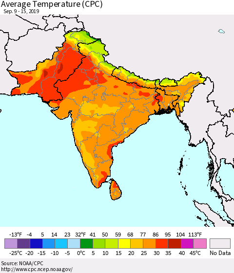 Southern Asia Average Temperature (CPC) Thematic Map For 9/9/2019 - 9/15/2019