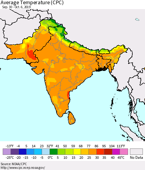 Southern Asia Average Temperature (CPC) Thematic Map For 9/30/2019 - 10/6/2019