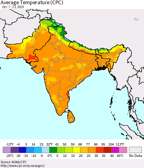 Southern Asia Average Temperature (CPC) Thematic Map For 10/7/2019 - 10/13/2019