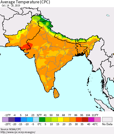 Southern Asia Average Temperature (CPC) Thematic Map For 10/14/2019 - 10/20/2019