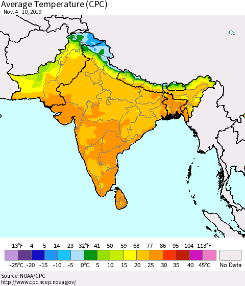 Southern Asia Average Temperature (CPC) Thematic Map For 11/4/2019 - 11/10/2019