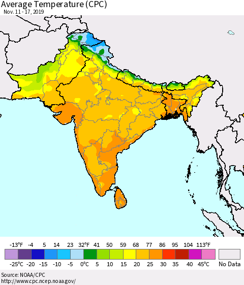 Southern Asia Average Temperature (CPC) Thematic Map For 11/11/2019 - 11/17/2019