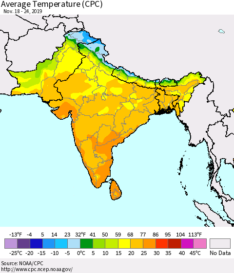 Southern Asia Average Temperature (CPC) Thematic Map For 11/18/2019 - 11/24/2019