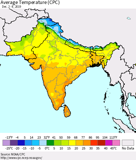 Southern Asia Average Temperature (CPC) Thematic Map For 12/2/2019 - 12/8/2019