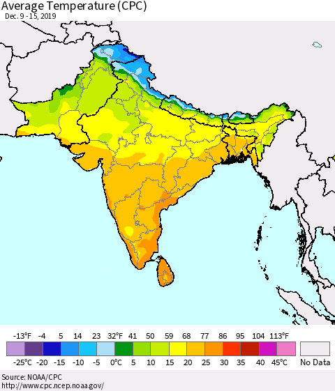 Southern Asia Average Temperature (CPC) Thematic Map For 12/9/2019 - 12/15/2019