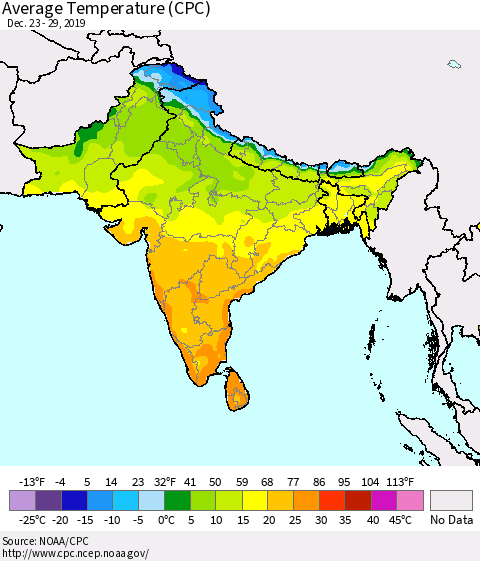 Southern Asia Average Temperature (CPC) Thematic Map For 12/23/2019 - 12/29/2019