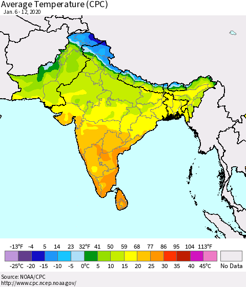Southern Asia Average Temperature (CPC) Thematic Map For 1/6/2020 - 1/12/2020