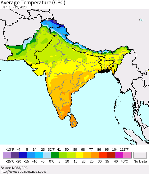 Southern Asia Average Temperature (CPC) Thematic Map For 1/13/2020 - 1/19/2020