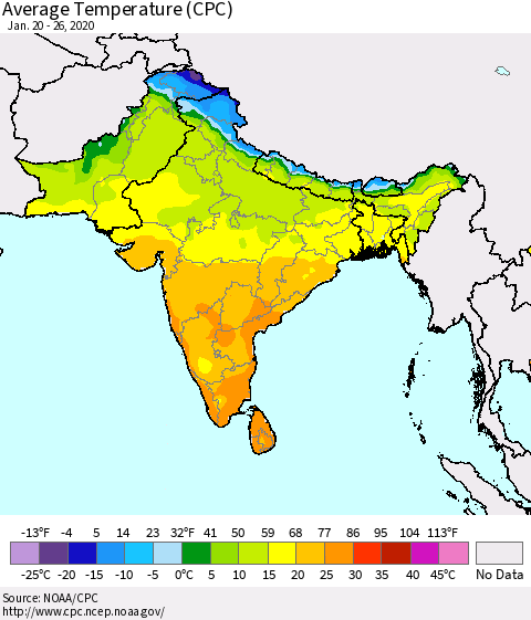 Southern Asia Average Temperature (CPC) Thematic Map For 1/20/2020 - 1/26/2020