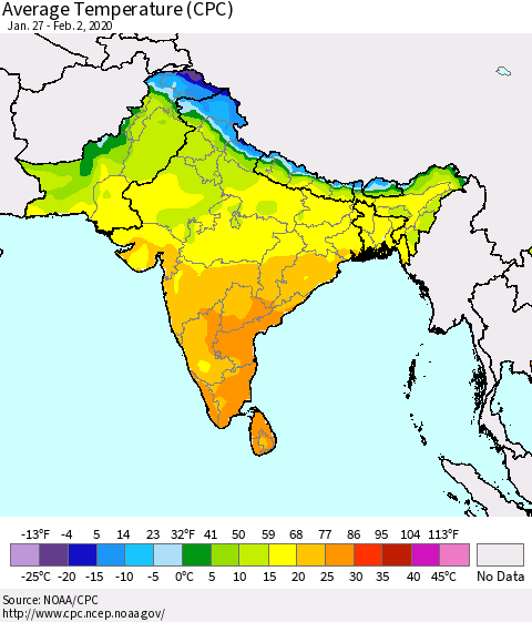Southern Asia Average Temperature (CPC) Thematic Map For 1/27/2020 - 2/2/2020