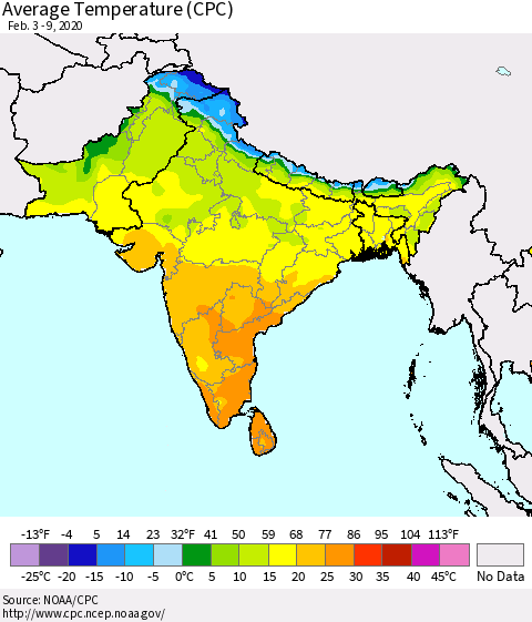 Southern Asia Average Temperature (CPC) Thematic Map For 2/3/2020 - 2/9/2020