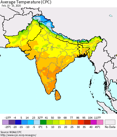 Southern Asia Average Temperature (CPC) Thematic Map For 2/10/2020 - 2/16/2020