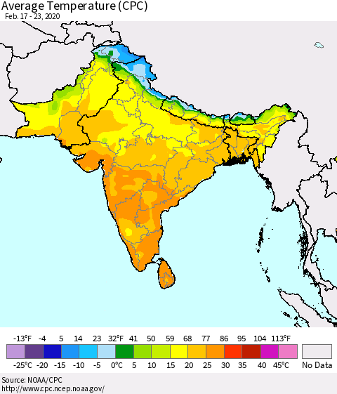 Southern Asia Average Temperature (CPC) Thematic Map For 2/17/2020 - 2/23/2020