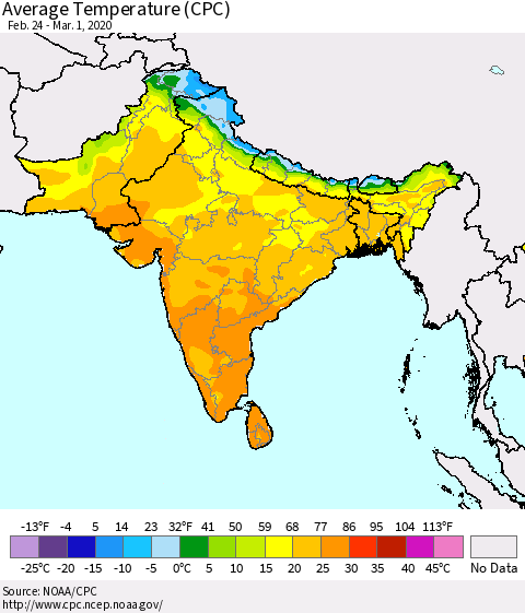 Southern Asia Average Temperature (CPC) Thematic Map For 2/24/2020 - 3/1/2020