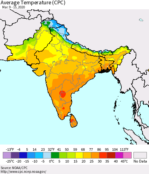 Southern Asia Average Temperature (CPC) Thematic Map For 3/9/2020 - 3/15/2020