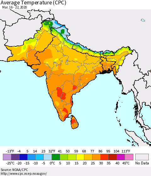 Southern Asia Average Temperature (CPC) Thematic Map For 3/16/2020 - 3/22/2020