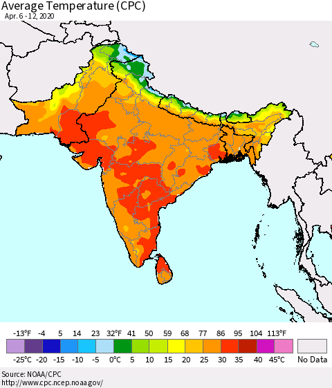 Southern Asia Average Temperature (CPC) Thematic Map For 4/6/2020 - 4/12/2020