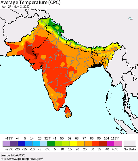 Southern Asia Average Temperature (CPC) Thematic Map For 4/27/2020 - 5/3/2020