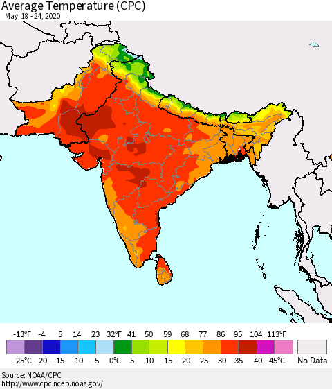 Southern Asia Average Temperature (CPC) Thematic Map For 5/18/2020 - 5/24/2020