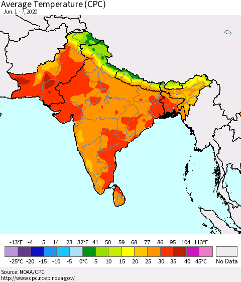 Southern Asia Average Temperature (CPC) Thematic Map For 6/1/2020 - 6/7/2020