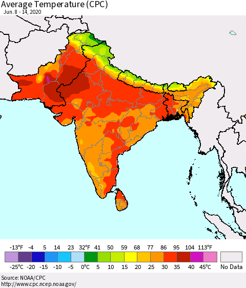 Southern Asia Average Temperature (CPC) Thematic Map For 6/8/2020 - 6/14/2020