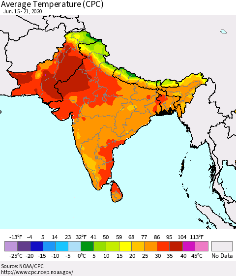 Southern Asia Average Temperature (CPC) Thematic Map For 6/15/2020 - 6/21/2020