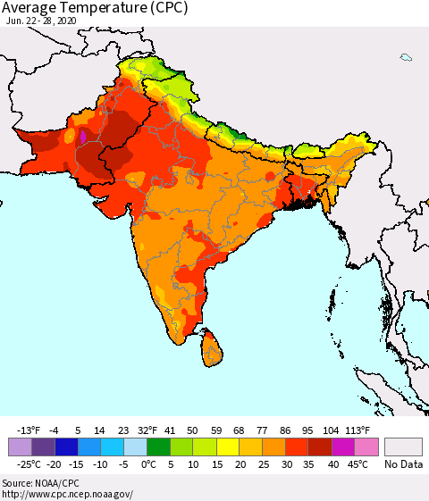 Southern Asia Average Temperature (CPC) Thematic Map For 6/22/2020 - 6/28/2020