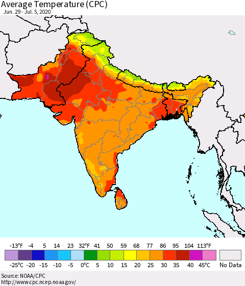 Southern Asia Average Temperature (CPC) Thematic Map For 6/29/2020 - 7/5/2020