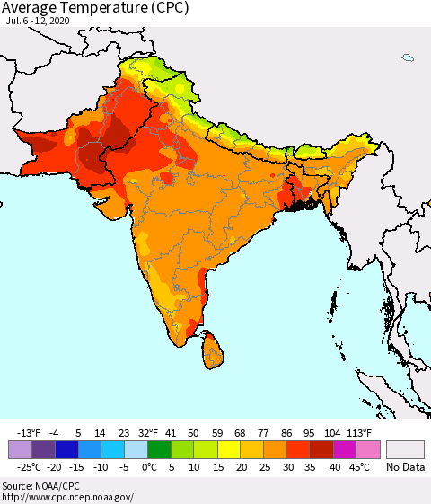 Southern Asia Average Temperature (CPC) Thematic Map For 7/6/2020 - 7/12/2020