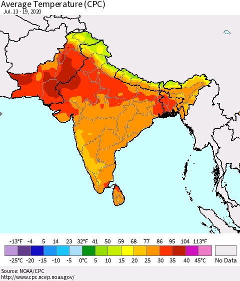 Southern Asia Average Temperature (CPC) Thematic Map For 7/13/2020 - 7/19/2020
