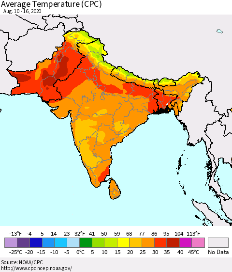Southern Asia Average Temperature (CPC) Thematic Map For 8/10/2020 - 8/16/2020