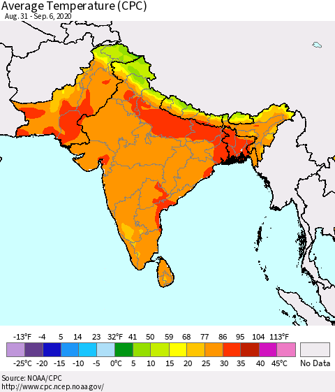 Southern Asia Average Temperature (CPC) Thematic Map For 8/31/2020 - 9/6/2020