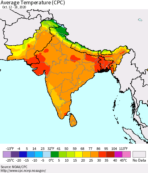 Southern Asia Average Temperature (CPC) Thematic Map For 10/12/2020 - 10/18/2020
