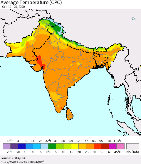 Southern Asia Average Temperature (CPC) Thematic Map For 10/19/2020 - 10/25/2020