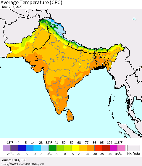 Southern Asia Average Temperature (CPC) Thematic Map For 11/2/2020 - 11/8/2020