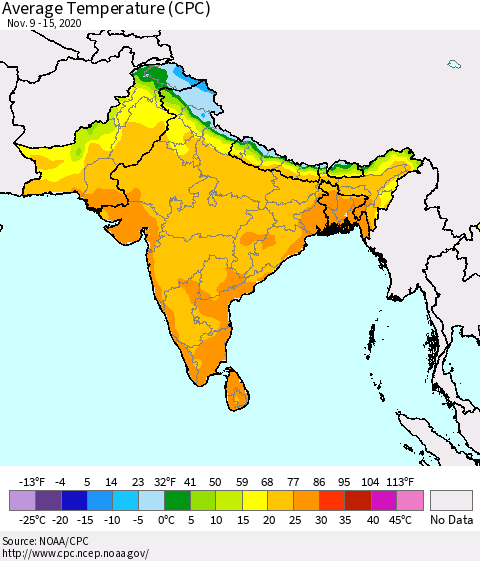 Southern Asia Average Temperature (CPC) Thematic Map For 11/9/2020 - 11/15/2020