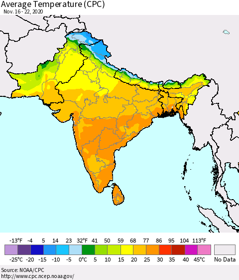 Southern Asia Average Temperature (CPC) Thematic Map For 11/16/2020 - 11/22/2020