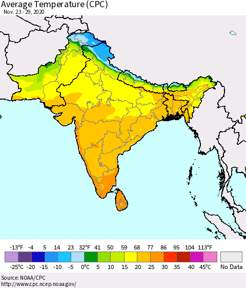 Southern Asia Average Temperature (CPC) Thematic Map For 11/23/2020 - 11/29/2020
