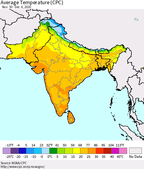 Southern Asia Average Temperature (CPC) Thematic Map For 11/30/2020 - 12/6/2020