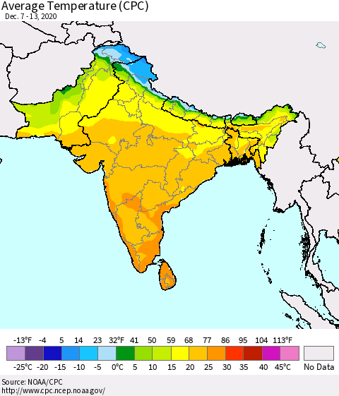 Southern Asia Average Temperature (CPC) Thematic Map For 12/7/2020 - 12/13/2020