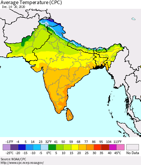 Southern Asia Average Temperature (CPC) Thematic Map For 12/14/2020 - 12/20/2020