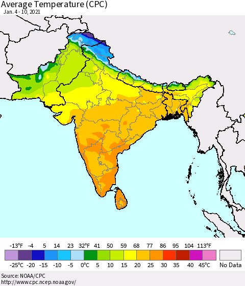 Southern Asia Average Temperature (CPC) Thematic Map For 1/4/2021 - 1/10/2021