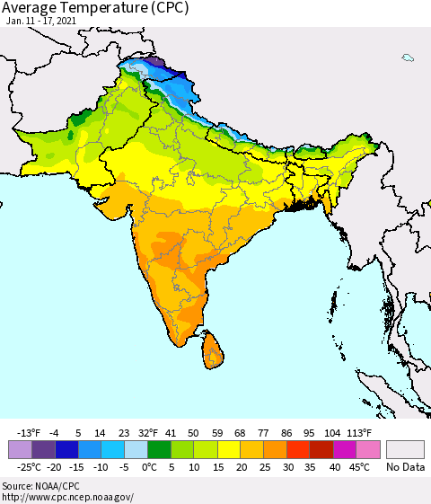 Southern Asia Average Temperature (CPC) Thematic Map For 1/11/2021 - 1/17/2021