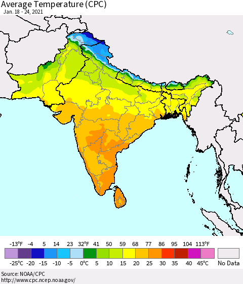 Southern Asia Average Temperature (CPC) Thematic Map For 1/18/2021 - 1/24/2021