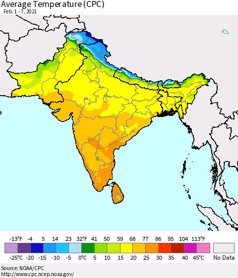 Southern Asia Average Temperature (CPC) Thematic Map For 2/1/2021 - 2/7/2021