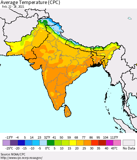 Southern Asia Average Temperature (CPC) Thematic Map For 2/22/2021 - 2/28/2021
