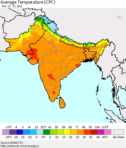 Southern Asia Average Temperature (CPC) Thematic Map For 3/15/2021 - 3/21/2021